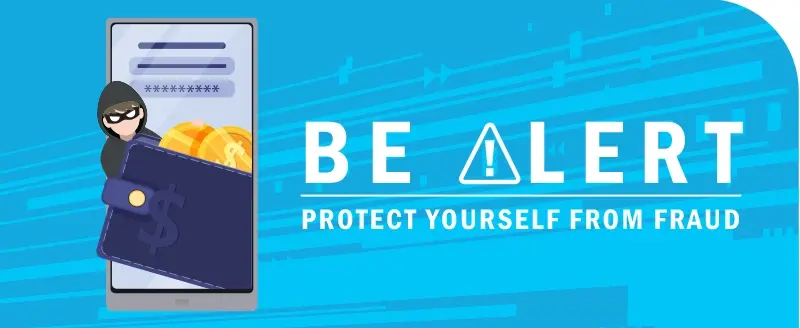 Cartoon masked man and wallet on a smart phone screen. Be alert. Protect yourself from Fraud.