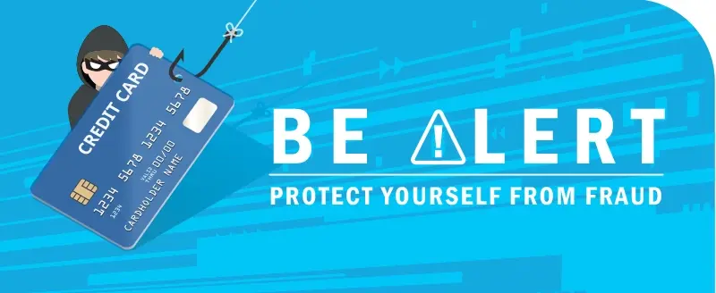 Cartoon masked man holding a credit card. Be alert. Protect yourself from fraud.